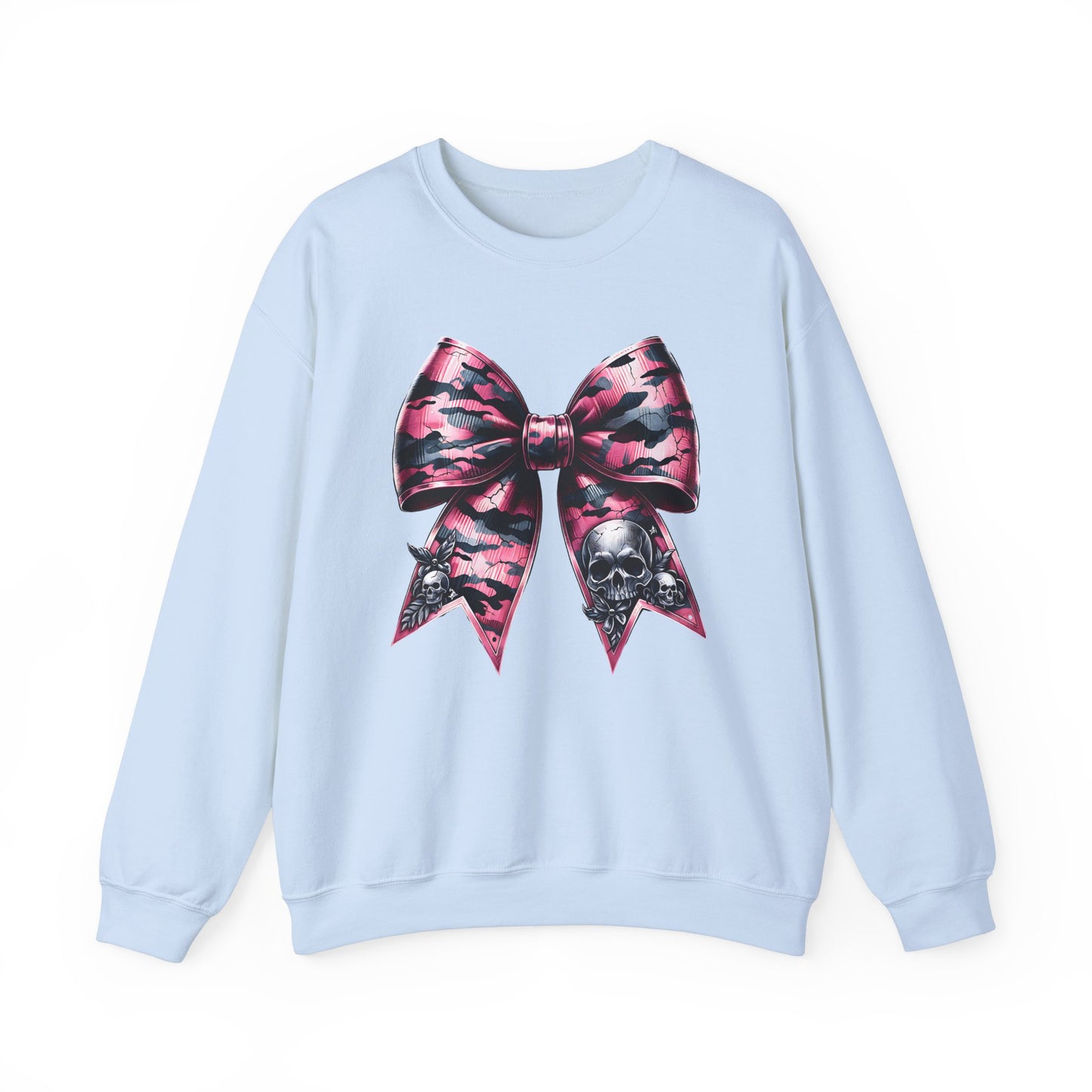 Pink Bow Skull Crewneck Sweatshirt, skull sweatshirt, pink camo, Skull Print Pullover, Pink Bow Design, Alternative Clothing
