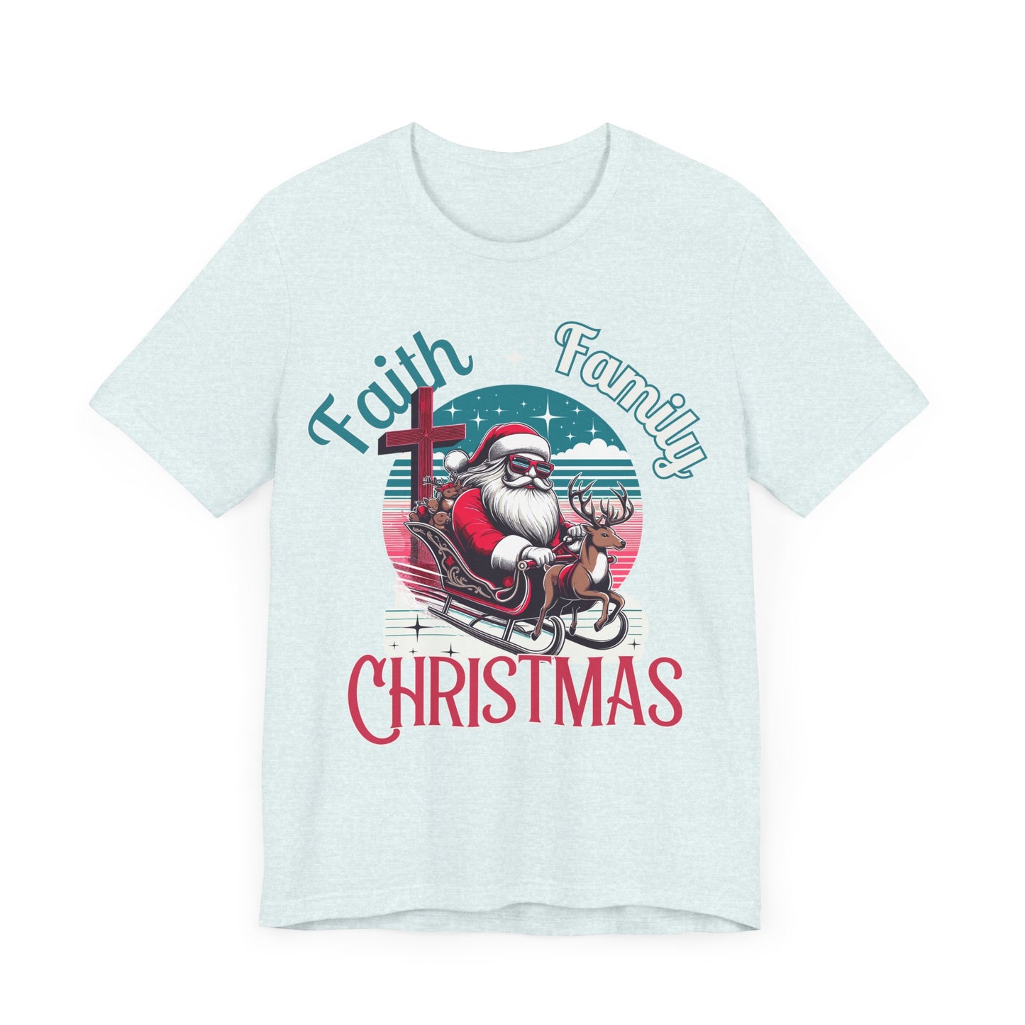 Faith Family Christmas, faith tee, christmas tee, santa tee, cool santa, gift for her, gift for him, christmas shirt, blessed shirt, retro