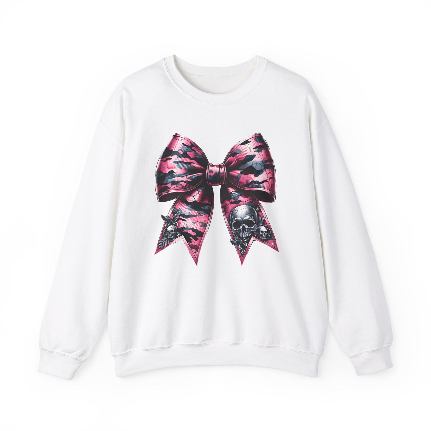 Pink Bow Skull Crewneck Sweatshirt, skull sweatshirt, pink camo, Skull Print Pullover, Pink Bow Design, Alternative Clothing