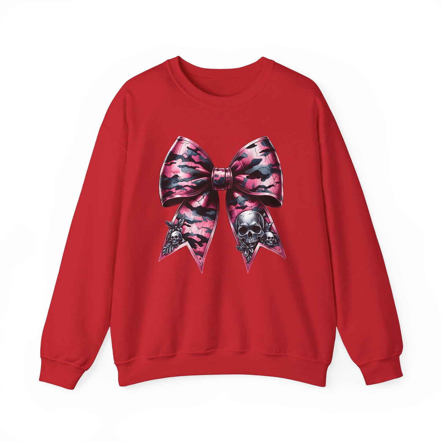 Pink Bow Skull Crewneck Sweatshirt, skull sweatshirt, pink camo, Skull Print Pullover, Pink Bow Design, Alternative Clothing