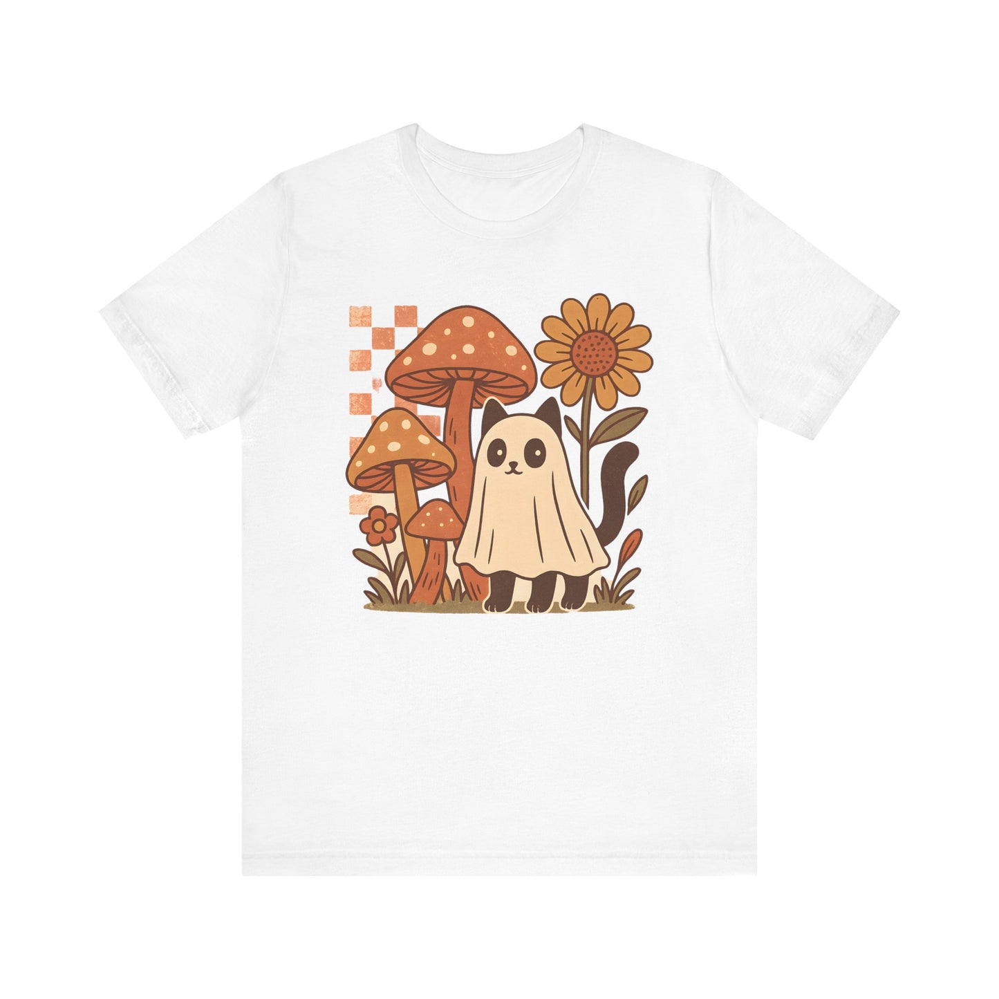 Whimsical Mushroom Tee, Cute Ghost cat, Short Sleeve T-Shirt, Fall Fashion, Halloween Gift, Nature Lover's Apparel