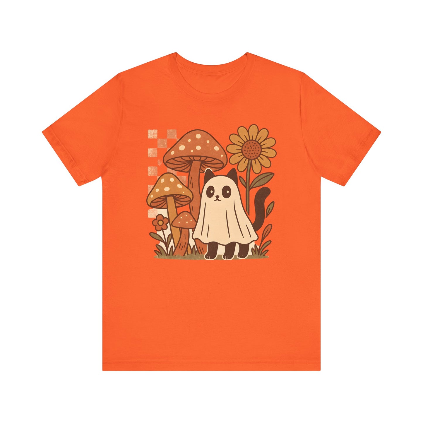 Whimsical Mushroom Tee, Cute Ghost cat, Short Sleeve T-Shirt, Fall Fashion, Halloween Gift, Nature Lover's Apparel