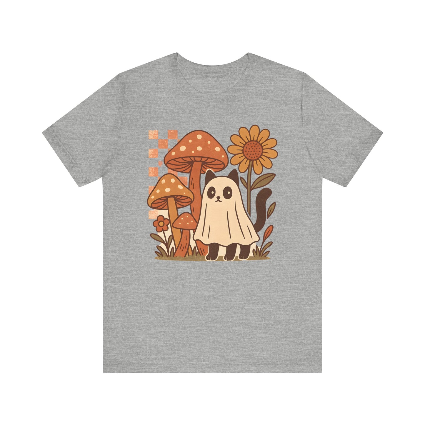 Whimsical Mushroom Tee, Cute Ghost cat, Short Sleeve T-Shirt, Fall Fashion, Halloween Gift, Nature Lover's Apparel