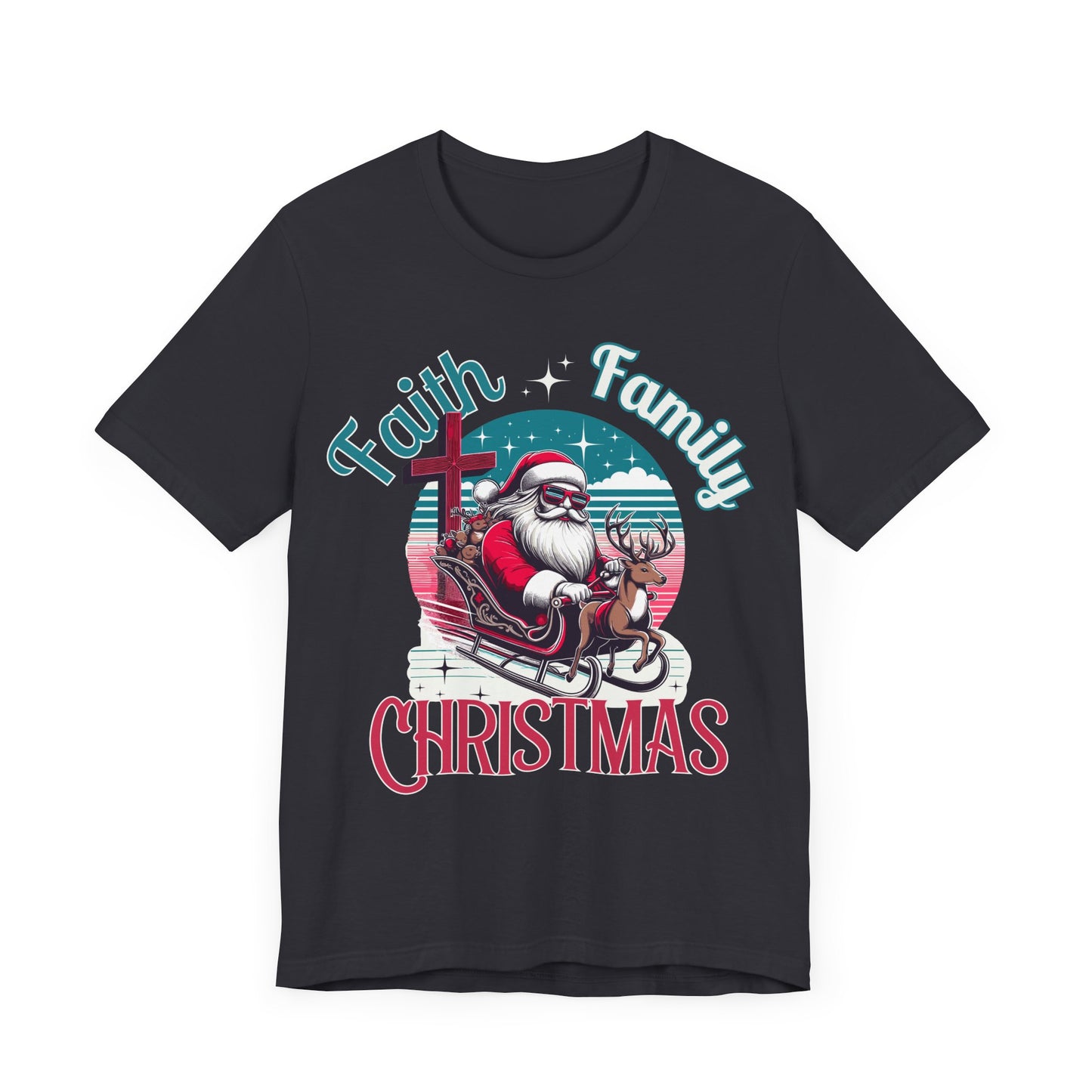 Faith Family Christmas, faith tee, christmas tee, santa tee, cool santa, gift for her, gift for him, christmas shirt, blessed shirt, retro