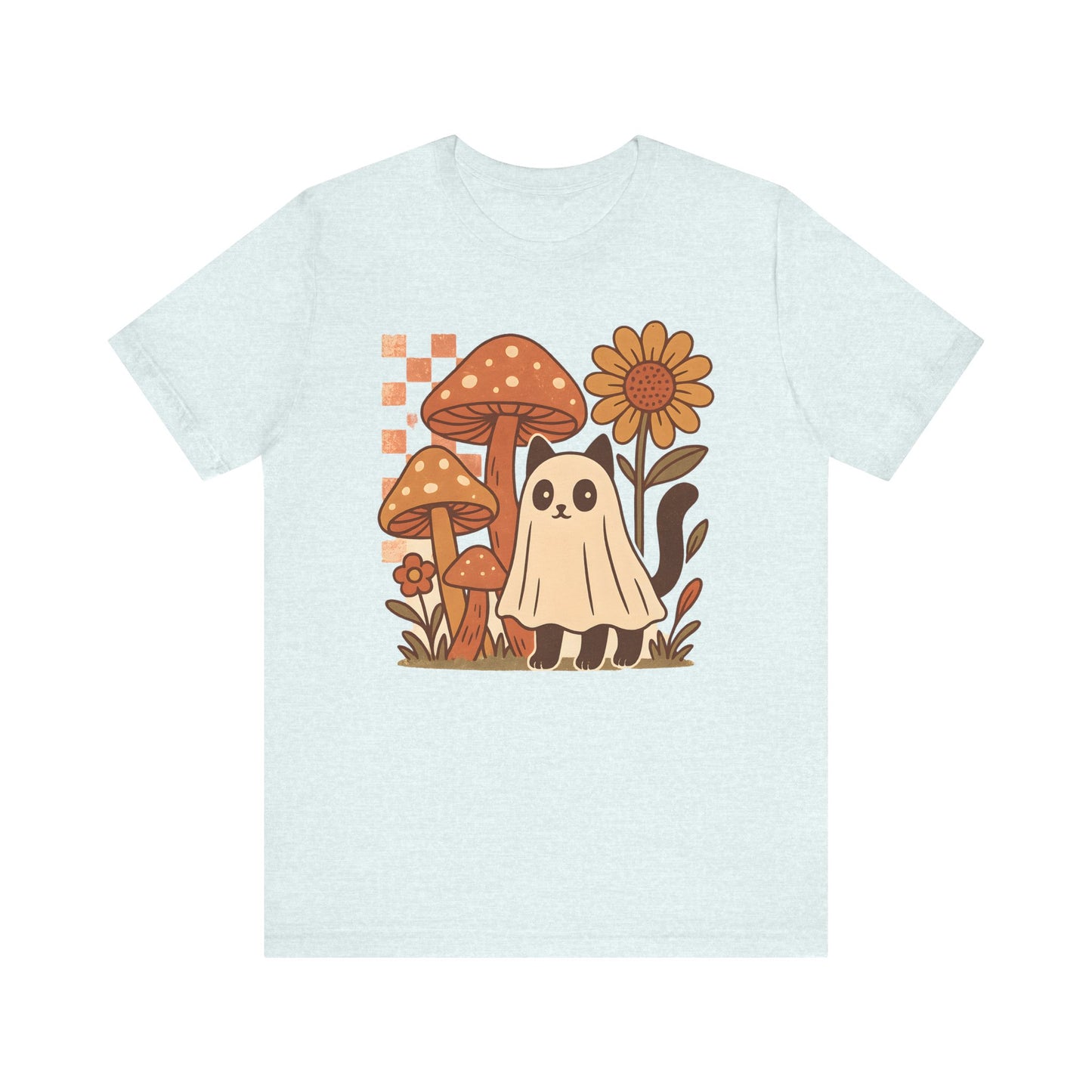 Whimsical Mushroom Tee, Cute Ghost cat, Short Sleeve T-Shirt, Fall Fashion, Halloween Gift, Nature Lover's Apparel