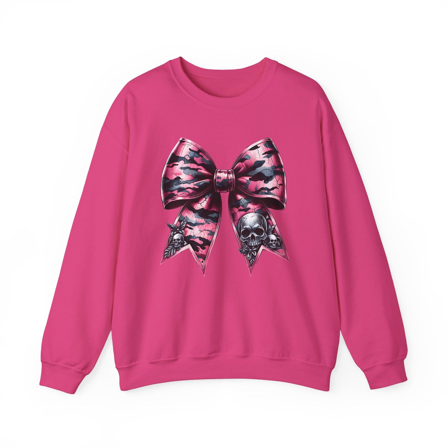Pink Bow Skull Crewneck Sweatshirt, skull sweatshirt, pink camo, Skull Print Pullover, Pink Bow Design, Alternative Clothing