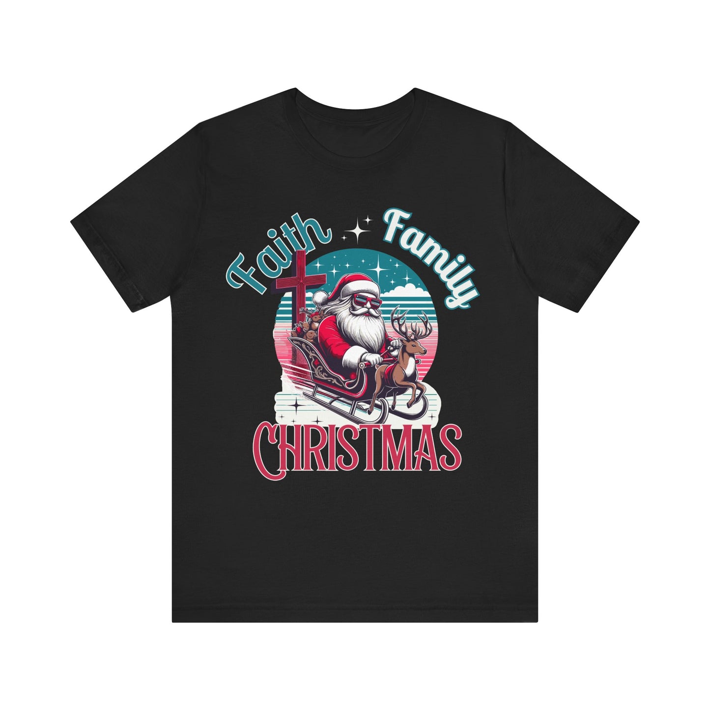 Faith Family Christmas, faith tee, christmas tee, santa tee, cool santa, gift for her, gift for him, christmas shirt, blessed shirt, retro