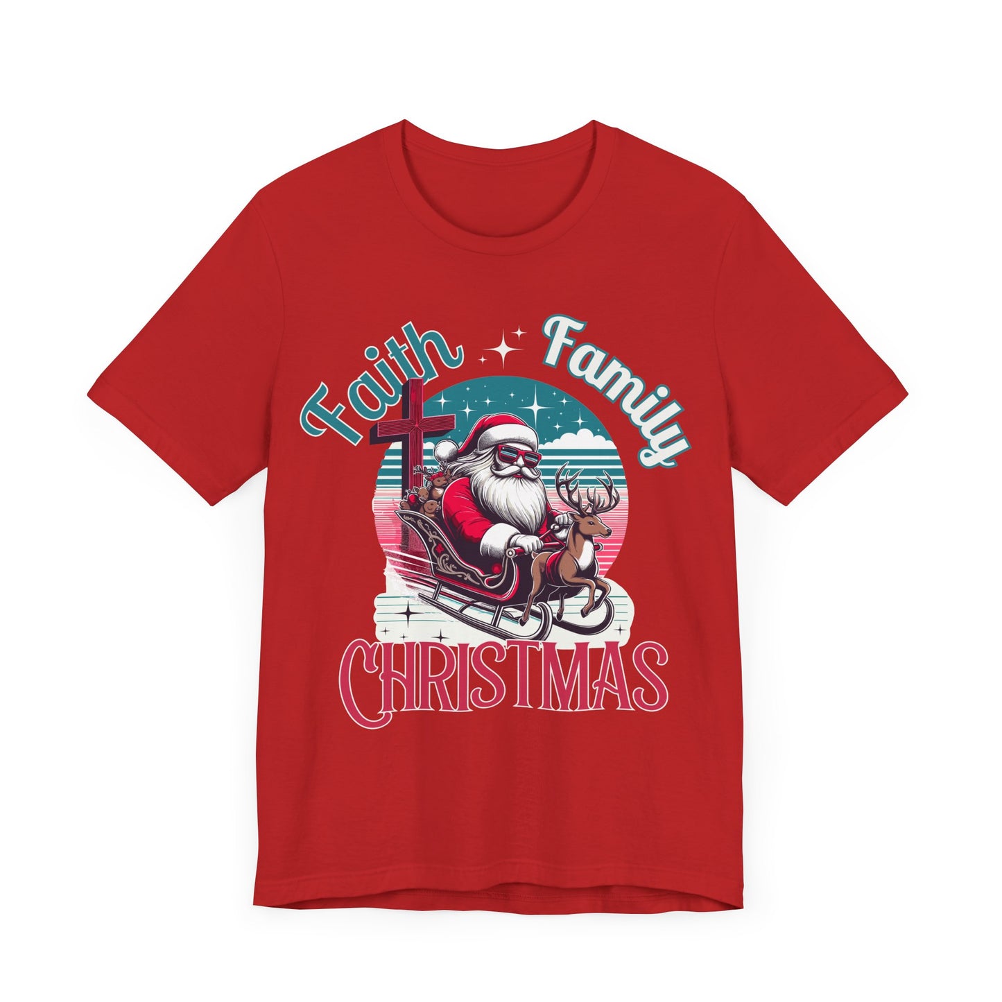 Faith Family Christmas, faith tee, christmas tee, santa tee, cool santa, gift for her, gift for him, christmas shirt, blessed shirt, retro