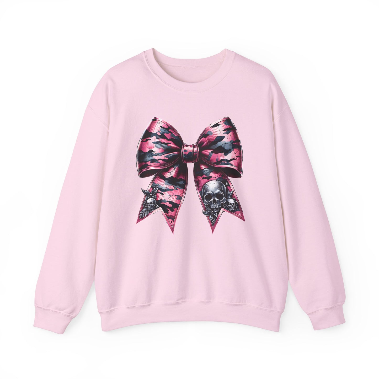 Pink Bow Skull Crewneck Sweatshirt, skull sweatshirt, pink camo, Skull Print Pullover, Pink Bow Design, Alternative Clothing