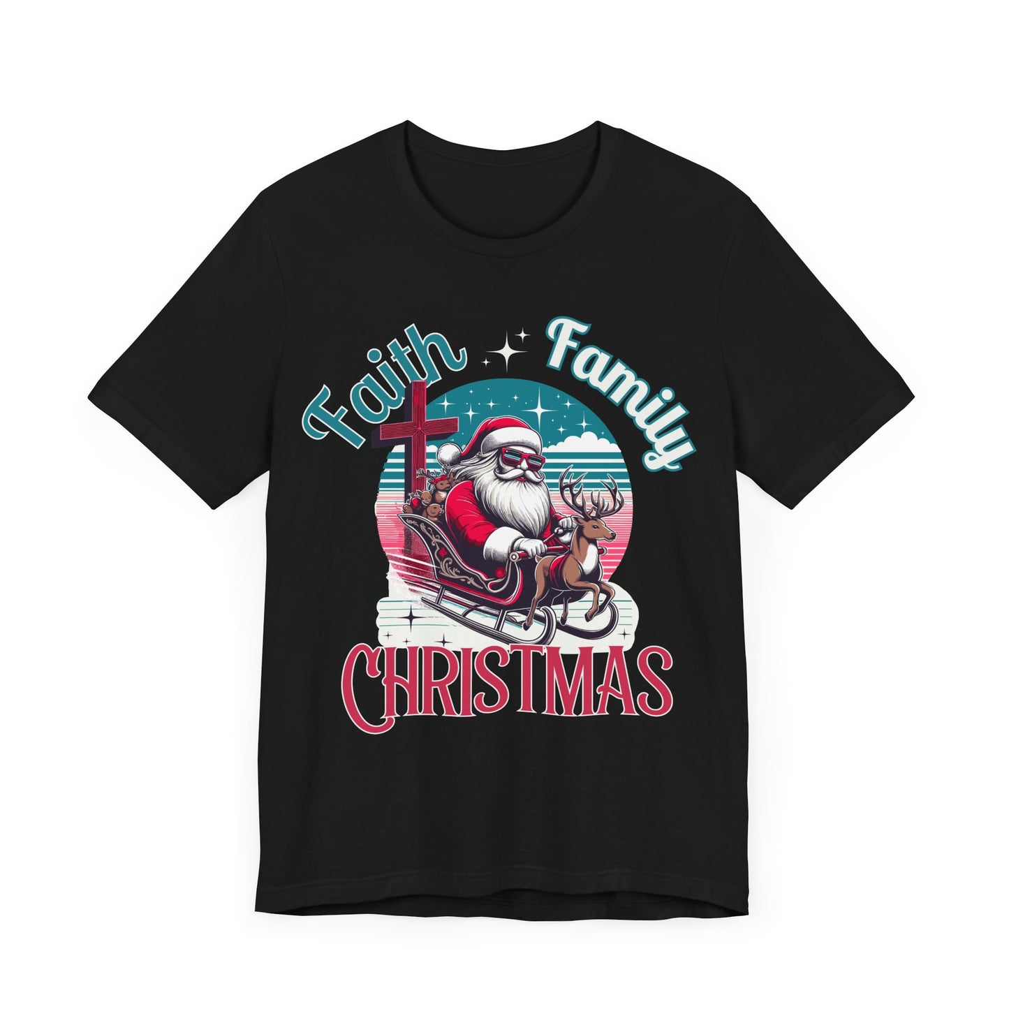 Faith Family Christmas, faith tee, christmas tee, santa tee, cool santa, gift for her, gift for him, christmas shirt, blessed shirt, retro