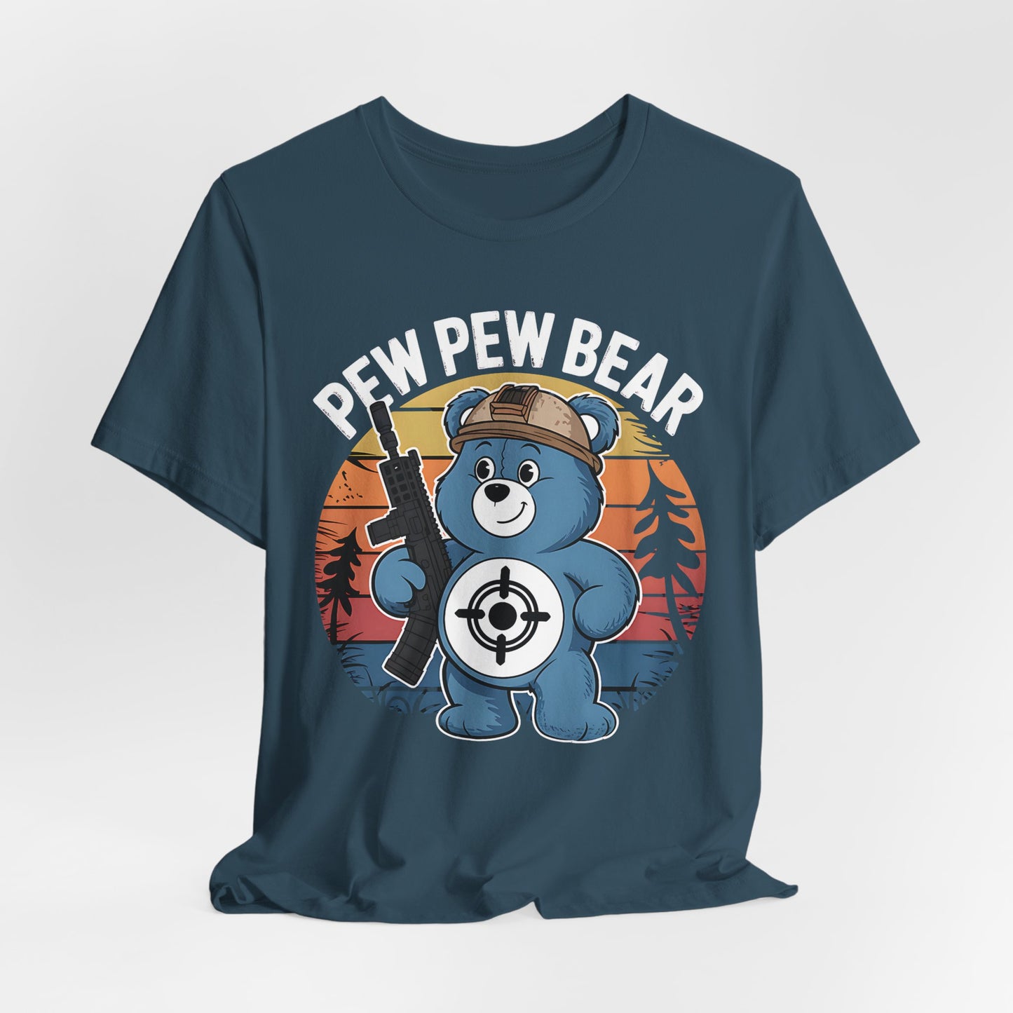 Care Bear Pew Pew Unisex Tee, Funny Graphic T-Shirt, Retro Cartoon Shirt, Classic Cartoon Tee, Gift for Care Bear Fan, Cute Bear Shirt