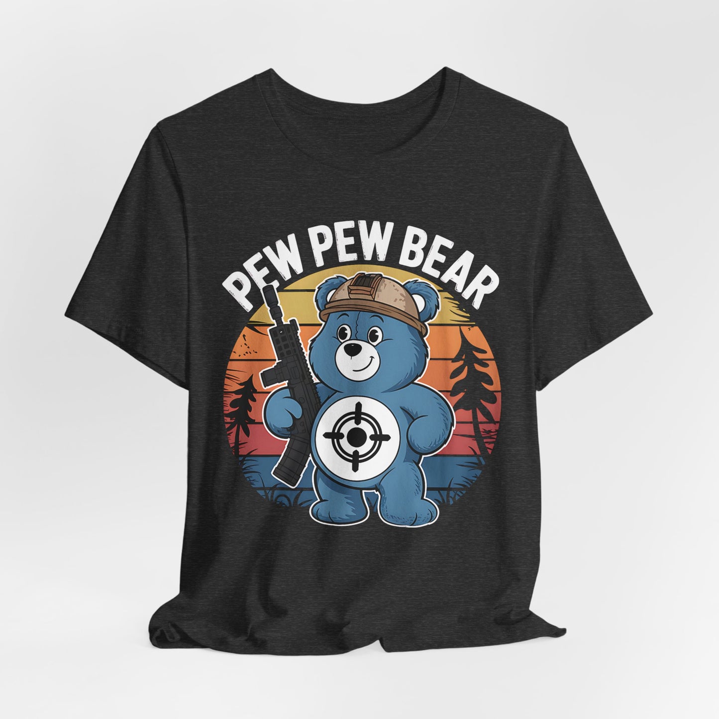 Care Bear Pew Pew Unisex Tee, Funny Graphic T-Shirt, Retro Cartoon Shirt, Classic Cartoon Tee, Gift for Care Bear Fan, Cute Bear Shirt