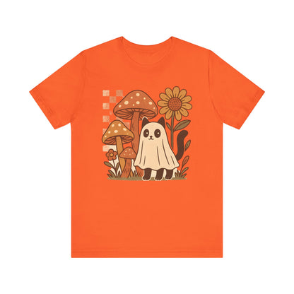 Whimsical Mushroom Tee, Cute Ghost cat, Short Sleeve T-Shirt, Fall Fashion, Halloween Gift, Nature Lover's Apparel