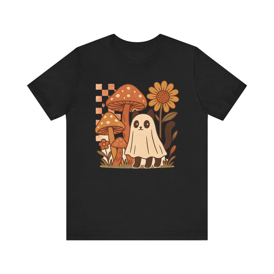 Whimsical Mushroom Tee, Cute Ghost cat, Short Sleeve T-Shirt, Fall Fashion, Halloween Gift, Nature Lover's Apparel