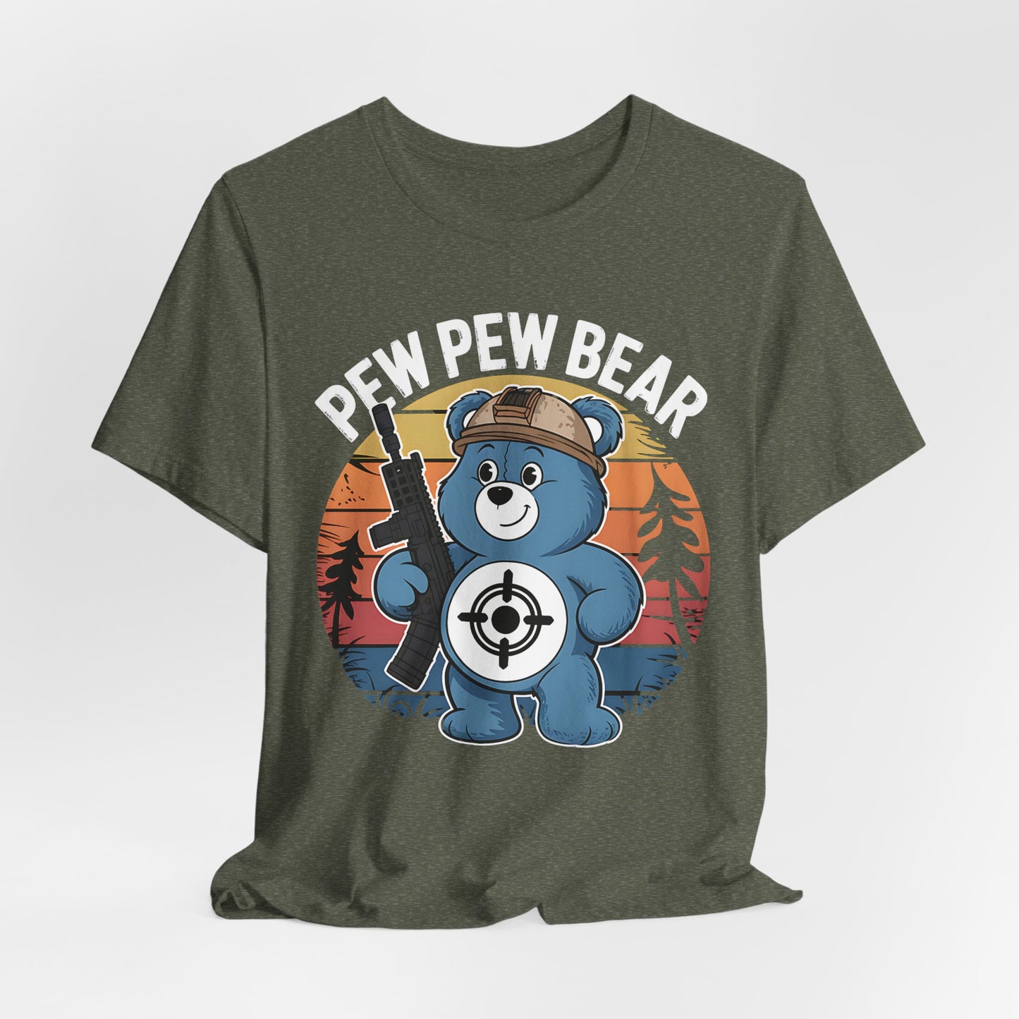 Care Bear Pew Pew Unisex Tee, Funny Graphic T-Shirt, Retro Cartoon Shirt, Classic Cartoon Tee, Gift for Care Bear Fan, Cute Bear Shirt