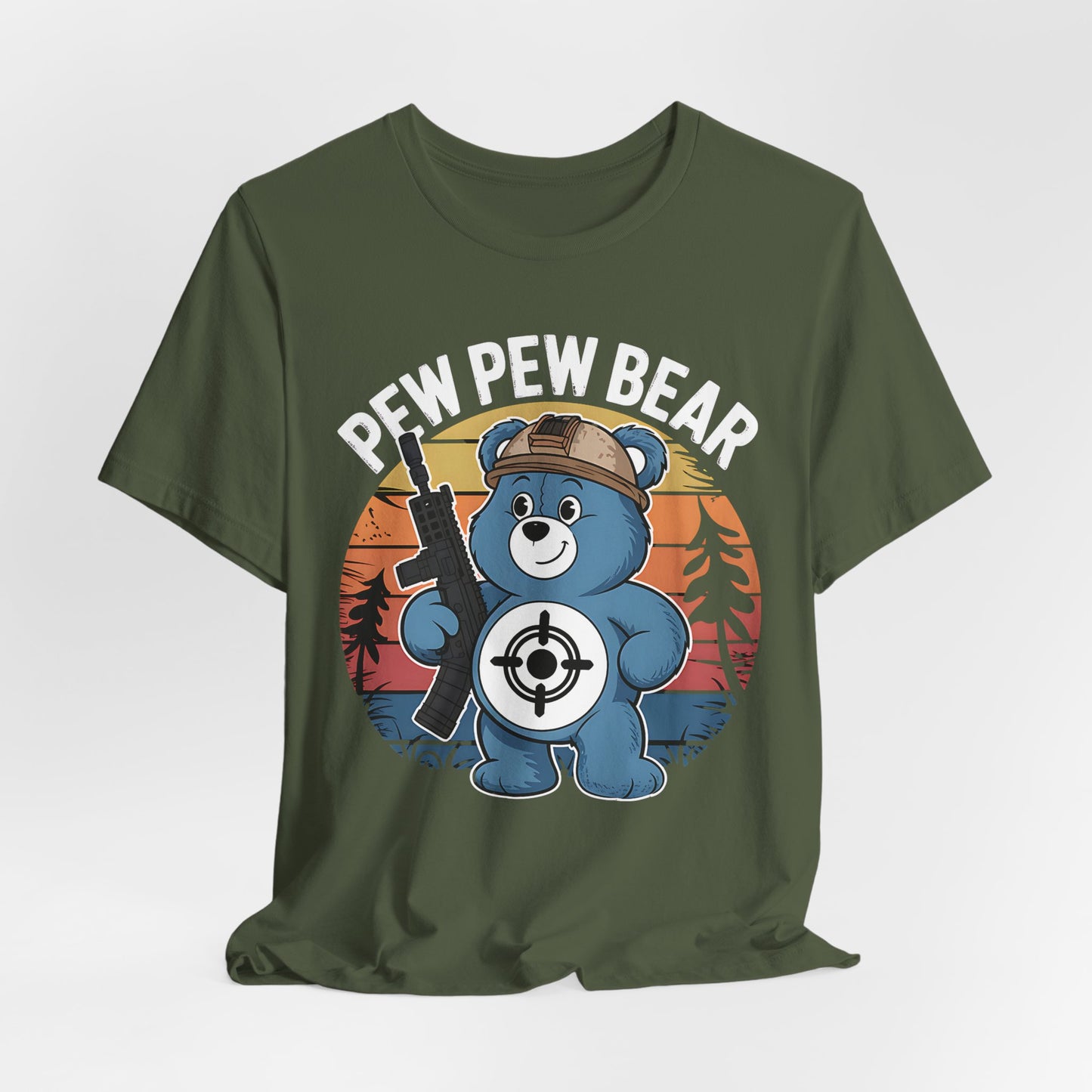 Care Bear Pew Pew Unisex Tee, Funny Graphic T-Shirt, Retro Cartoon Shirt, Classic Cartoon Tee, Gift for Care Bear Fan, Cute Bear Shirt