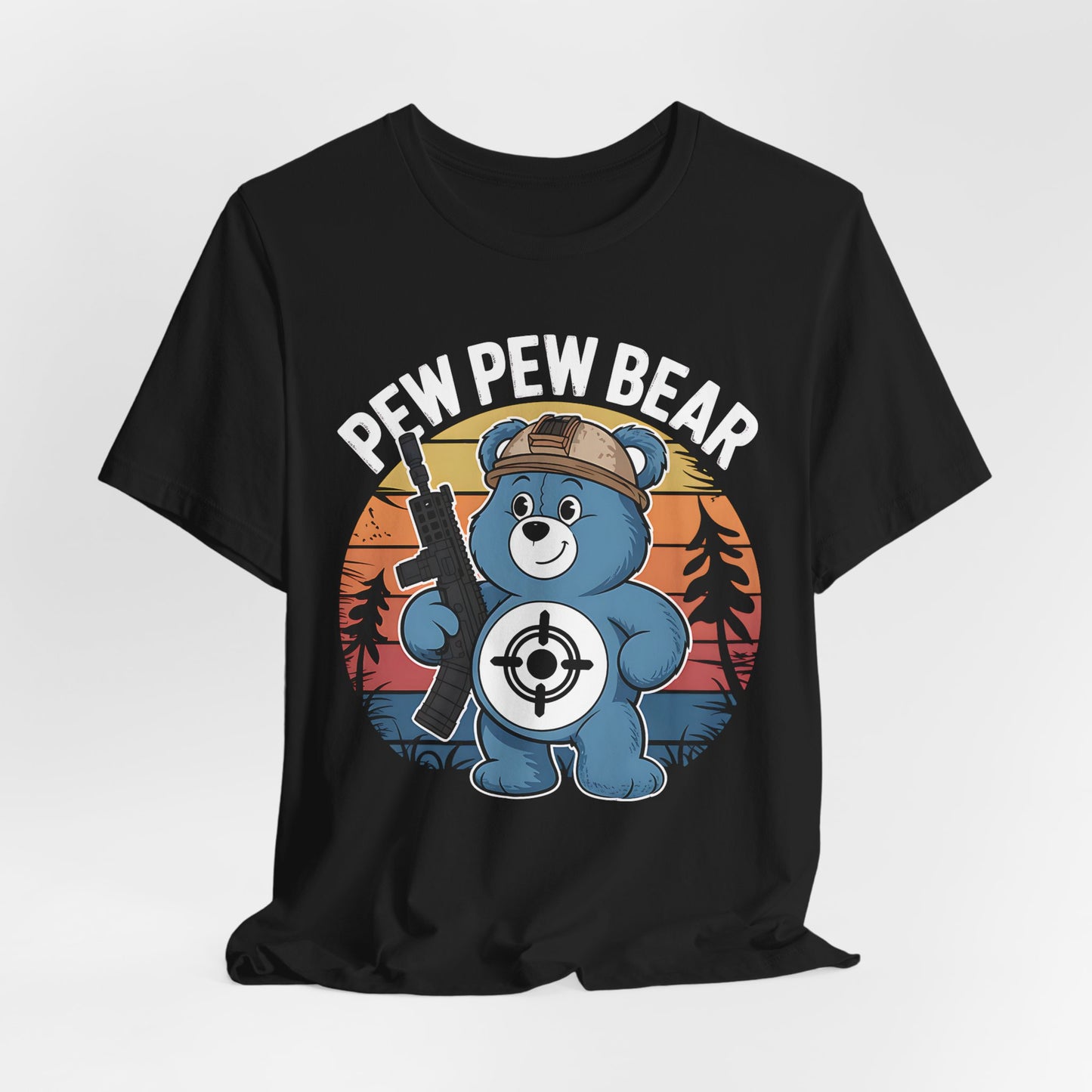 Care Bear Pew Pew Unisex Tee, Funny Graphic T-Shirt, Retro Cartoon Shirt, Classic Cartoon Tee, Gift for Care Bear Fan, Cute Bear Shirt
